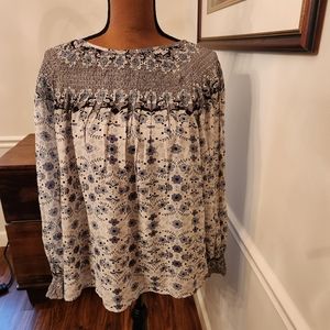 Sundance silk floral blouse stretch neckline and cuffs